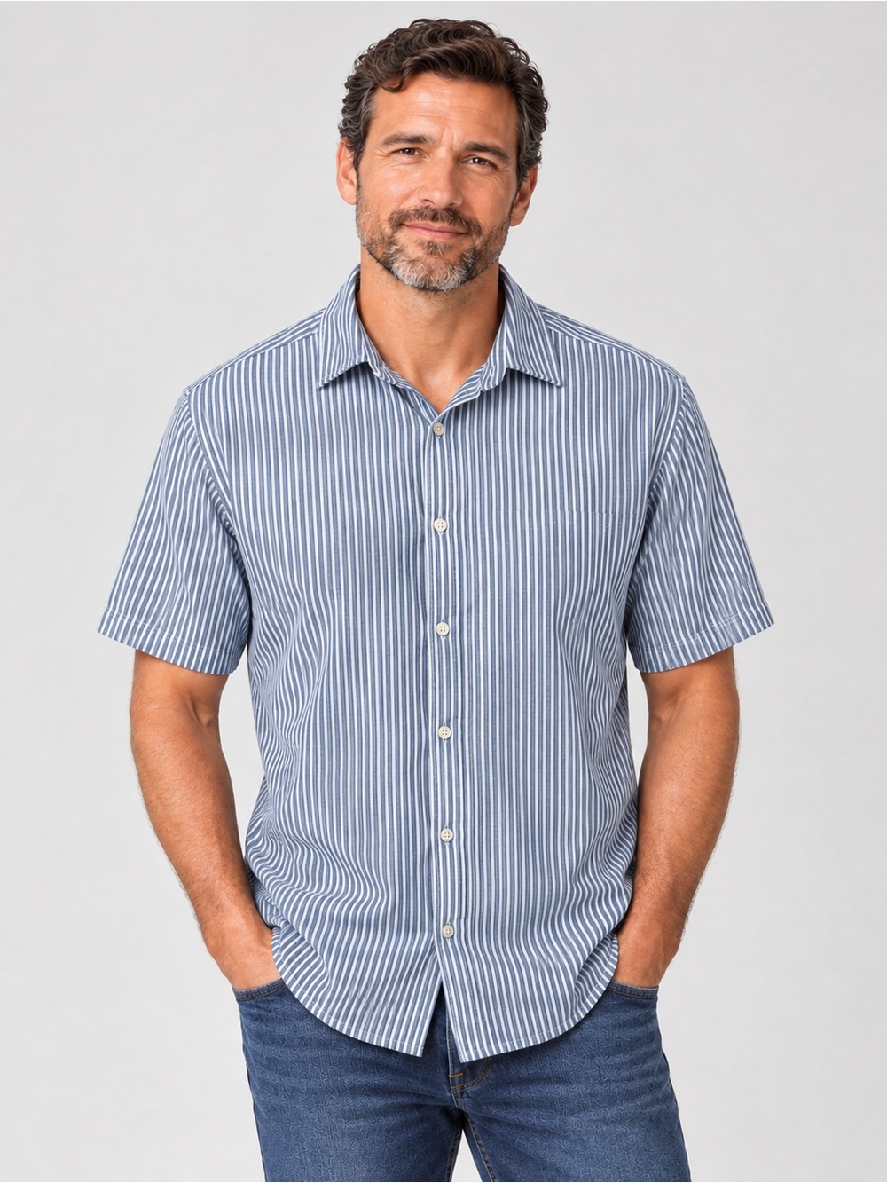 H&M men’s blue white micro stripe casual button down slim fit size L Large EUC